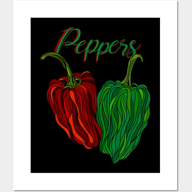 Peppers lettering, with drawn red & green peppers Wall Art by DaveDanchuk